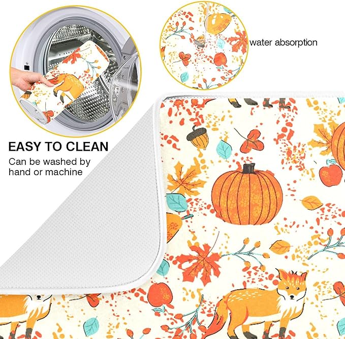 Fall Fox Dish Drying Mat for Kitchen Countertop 18x24 Autumn Chestnuts Pumpkin - Image 2