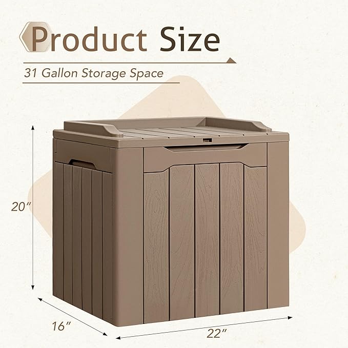 Flamaker 2 Pack Deck Box 31 Gallon Waterproof Resin Storage Box with Lid Indoor Outdoor Delivery Box Storage Bin for Patio Cushions (Light Brown) - Image 4