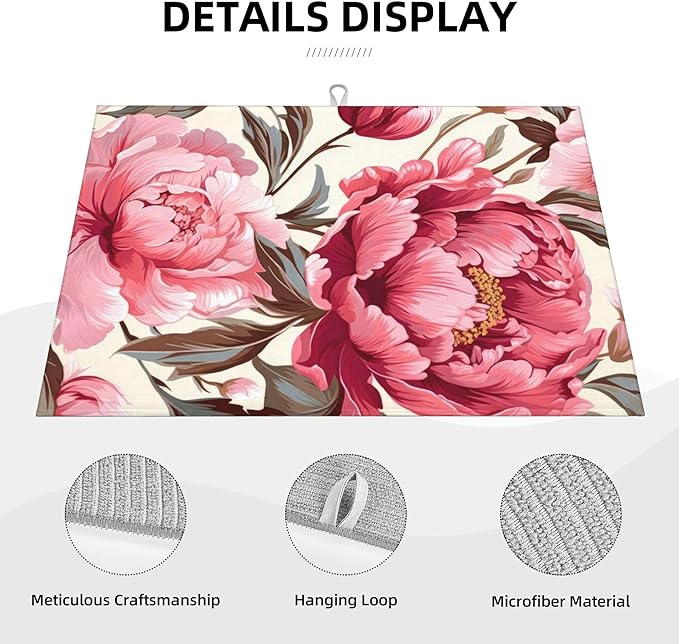 Pink Peony Dish Drying Mats for Kitchen Counter, Absorbent Reversible - Image 3