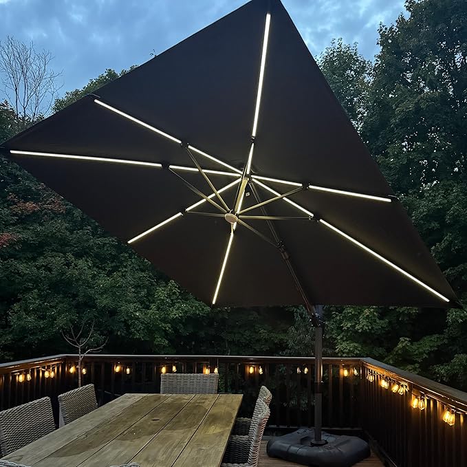 PURPLE LEAF 10 Feet Patio Umbrella with Base Outdoor Cantilever Solar Powered LED Swivel Square Umbrella Aluminum Offset Umbrella with 360-degree Rotation for Garden Deck Pool Patio, Grey by PURPLELEAF