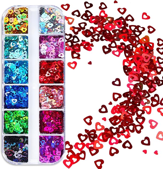 12 Colors Heart Nail Art Glitter Sequins, 3D Love Heart Nail Flakes Designs - Image 6