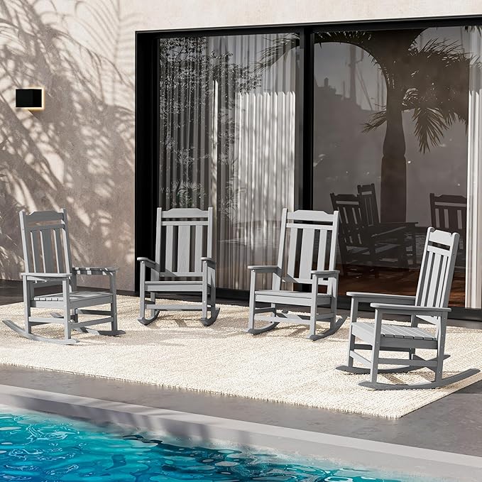 SERWALL Oversized Rocking Chair Set of 4 Outdoor, HDPE Outdoor Rocking Chair Set of 4, Space Gray by SERWALL