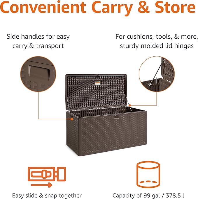 Amazon Basics Outdoor Storage Deck Box, Lockable, Weather-Resistant, 99 Gallon, Brown, for Patio Cushions, Gardening Tools, Pool Accessories - Image 2