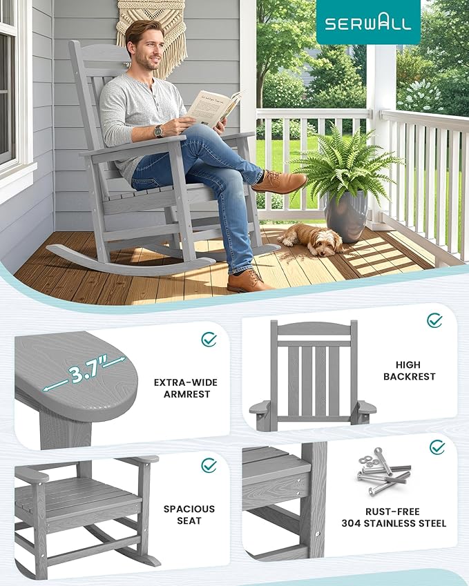 SERWALL HDPE Outdoor Rocking Chair Set of 2, Oversized Patio Rocking Chairs, All-Weather Porch Rockers for Adults, Light Gray - Image 7