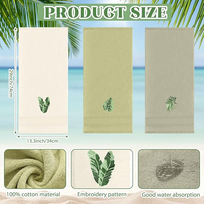 3 Pcs Sage Green Hand Towels Tropical Bathroom Decor Farmhouse Embroidered Sage - Image 2