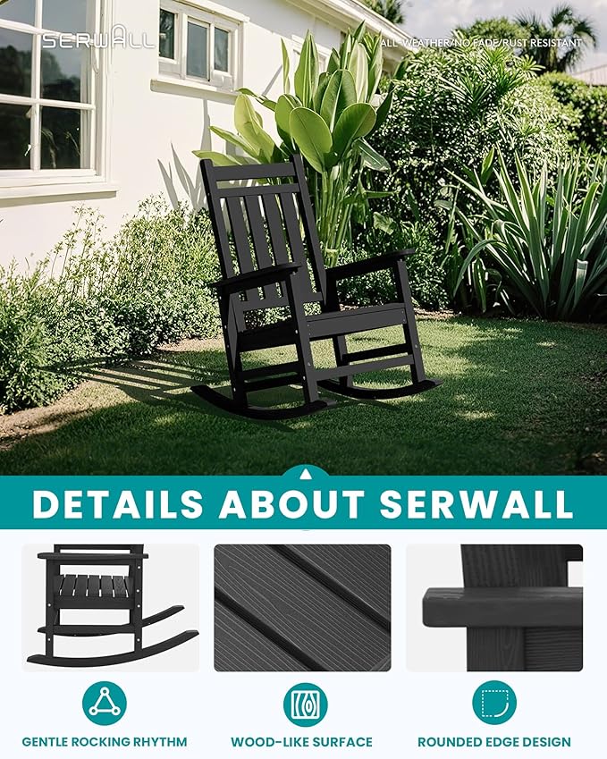 SERWALL Oversized Rocking Chair, Outdoor Rocking Chair for Adults, All Weather Resistant Porch Rocker for Lawn Garden, Black - Image 5