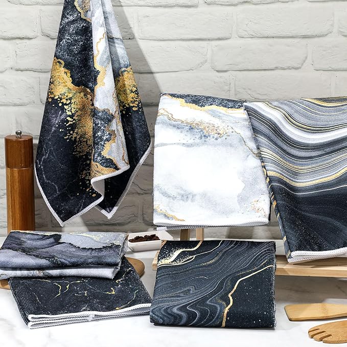 Boyiee Set of 6 Marble Kitchen Towels Gold Black Marble Tea Dish Towels 24 x 16 - Image 2