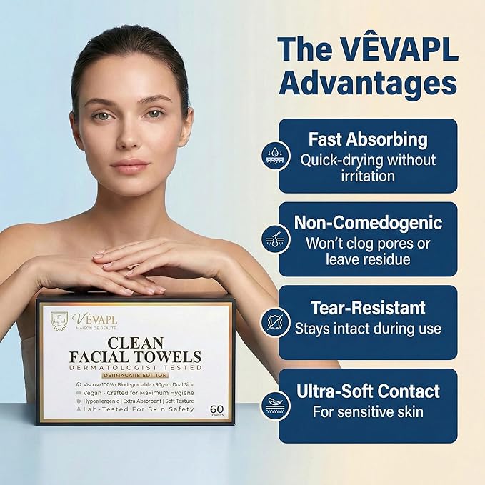 VÊVAPL® - VEVAPL Clean Facial Towels XL – 60 Towels | 100% Viscose, Disposable - Image 7