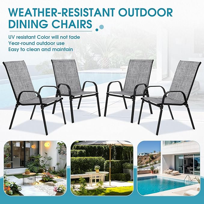Outdoor Stackable Chairs Set of 4, Stacking Patio Chairs with Textilene Fabric, Outside Furniture for Garden Backyard Balconie Poolside Deck, Grey - Image 6