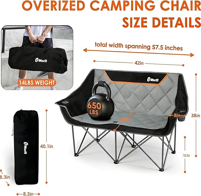 EMERIT Oversized Fully Padded Camping Chair, Heavy Duty 650LB Folding Camping Loveseat, Quad Fold Double Camping Couch with Cup Holders & Carry Bag for Outdoor, Lawn, Sports Events | HIgh Back, Rip resistance, Extra Wide Design, Cross-bracing Hubs, Eas... - Image 3