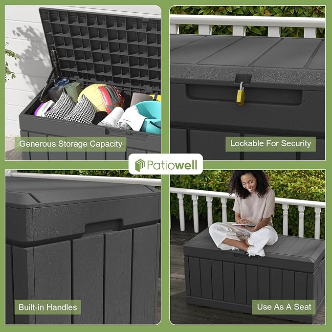 Patiowell 82 Gallon Resin Deck Box, Waterproof Large Wood Look Storage Box for Patio Furniture, Pool Accessories, Garden Tools and Sports Equipment, Lockable, Black - Image 4