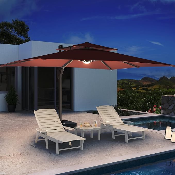 10 X 13 FT Cantilever Patio Umbrella with Led Lights and Base Included Outdoor Heavy Duty Double Top Rectangle Offset Umbrellas with 360-degree Rotation for Pool Deck Backyard, Wine Red - Image 3