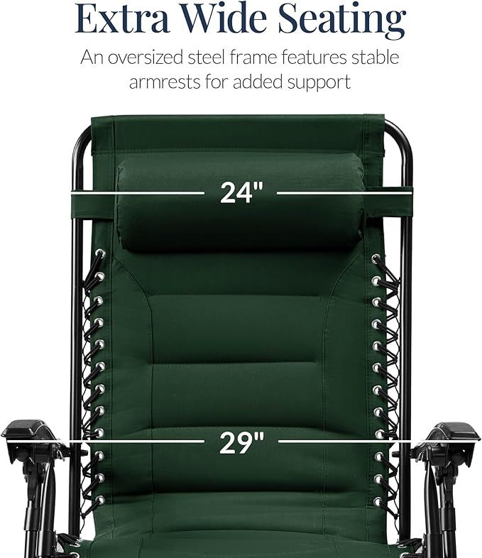 Best Choice Products Oversized Padded Zero Gravity Chair, Folding Outdoor Patio Recliner, XL Anti Gravity Lounger for Backyard w/Headrest, Cup Holder, Side Tray, Polyester Mesh - Forest Green - Image 3