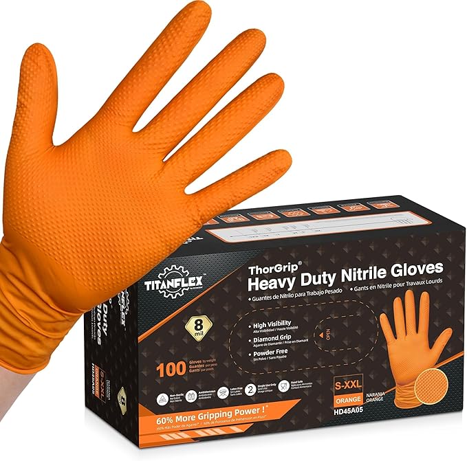 TitanFlex Heavy Duty Orange Industrial Nitrile Gloves by TitanFlexDisposableGloves
