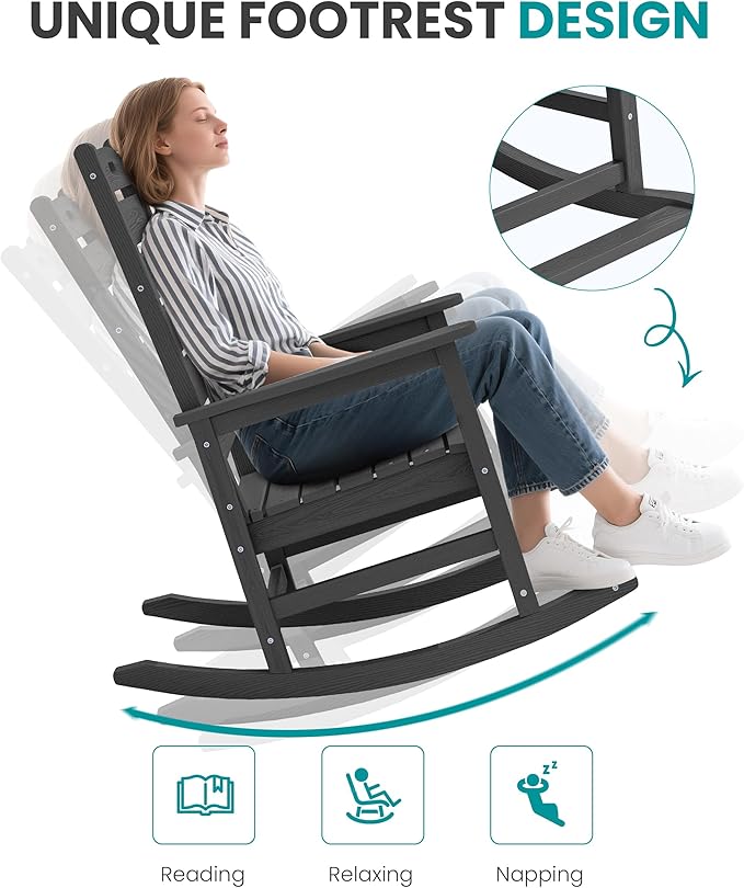 SERWALL Outdoor Rocking Chair, Oversized Rocking Chair with Footrest for Adults, HDPE All Weather Resistant Rocking Chairs for Patio, 350lbs Weight Capacity, Gray - Image 6