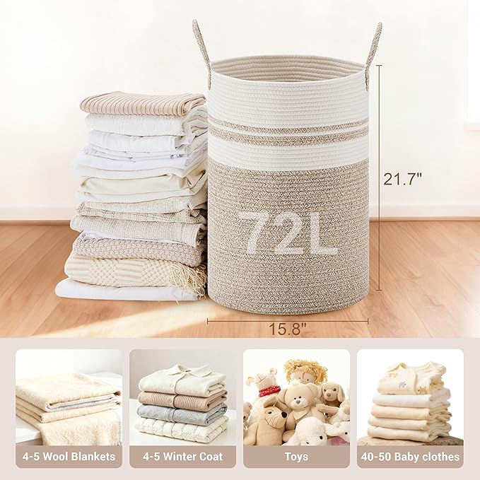 Tall Laundry Basket with Handles, 72L Portable Dirty Clothes Hamper, Boho - Image 2