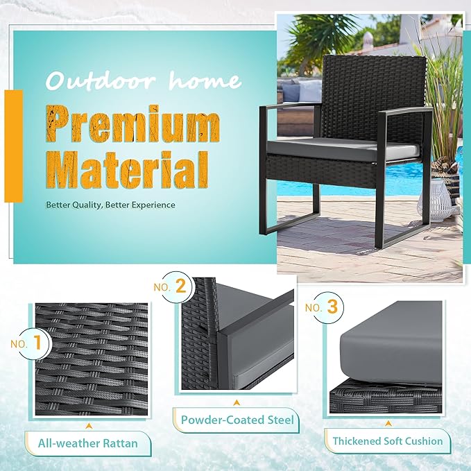 Flamaker 3 Pieces Patio Set Outdoor Wicker Furniture Modern Bistro Rattan Chair Conversation Sets with Coffee Table for Yard (Grey) - Image 3