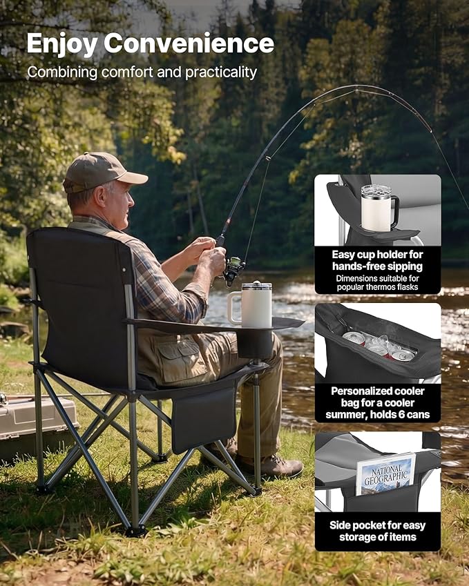 VEVOR Oversized Camping Folding Chair, Portable Heavy Duty Outdoor Quad Lumbar Back Padded with Side Pockets, Cup Holder and Cooler Bag for Beach, Lawn, Picnic, Fishing, Backpacking, 2 Pack - Image 6