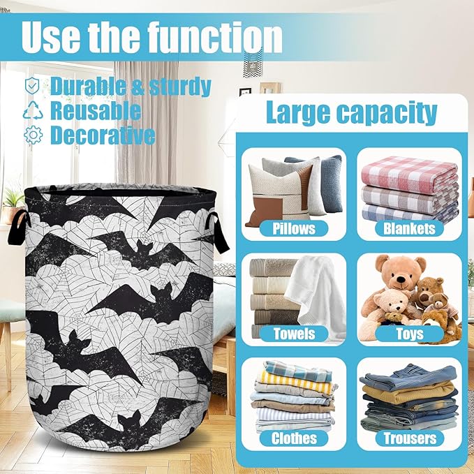 Retro Black White Bat Laundry Basket, Halloween Laundry Hamper Collapsible - Image 3
