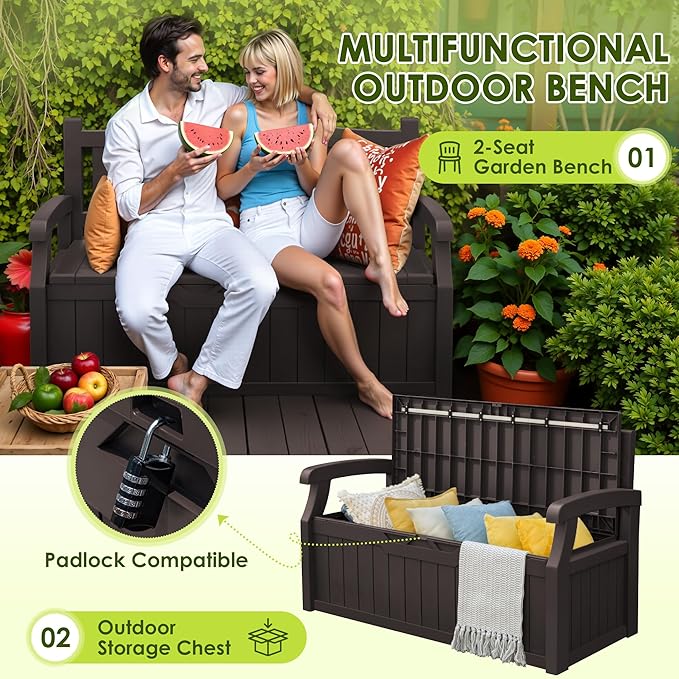 Greesum 80 Gallon Outdoor Storage Bench, Resin Patio Furniture with Armrest,Waterproof and UV-Resistant, Perfect to Garden, Poolside and Lawn, Dark Brown - Image 4