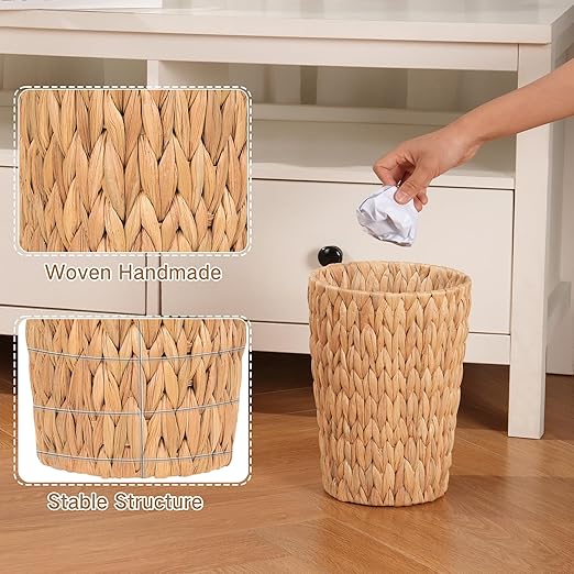 2 Pack Wicker Trash Can, Small Bathroom Trash Can, 2 Gallon Woven Natural Water - Image 3