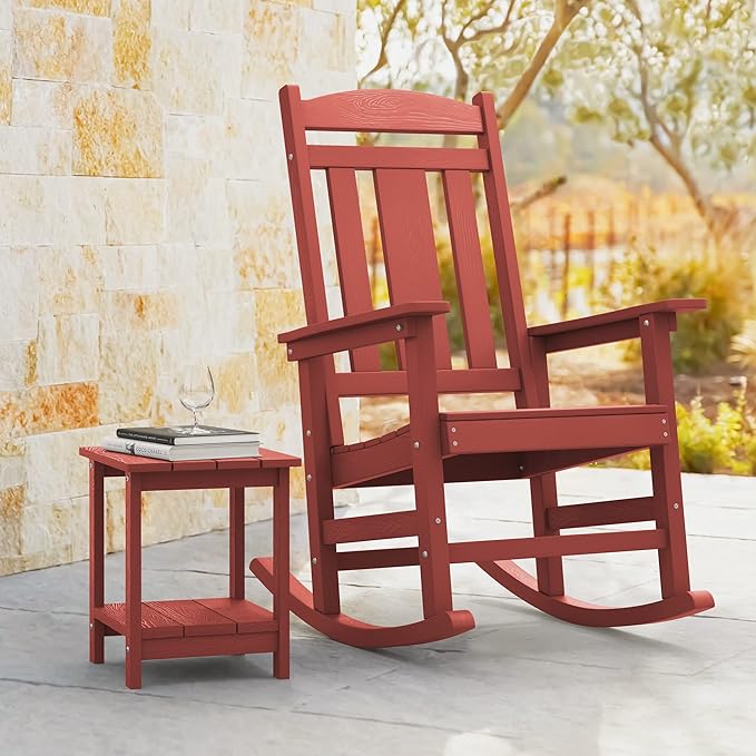 LUE BONA Outdoor Rocking Chairs Set of 2, HDPS Porch Rocker with High Back, Plastic Weather Resistant Rocking Chairs for Outdoor Indoor, Garden, Backyard, 350lb, Bright Red - Image 6