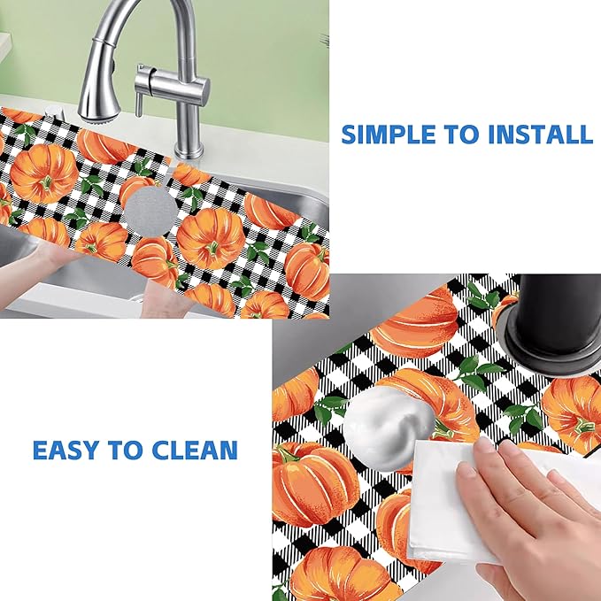 Thanksgiving Pumpkin Kitchen Sink Splash Guard Mat Buffalo Plaid Absorbent Fast - Image 5