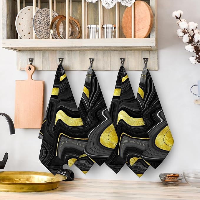 Black Gold Kitchen Dish Towels Set of 4 Soft Absorbent Marble Texture Black - Image 6