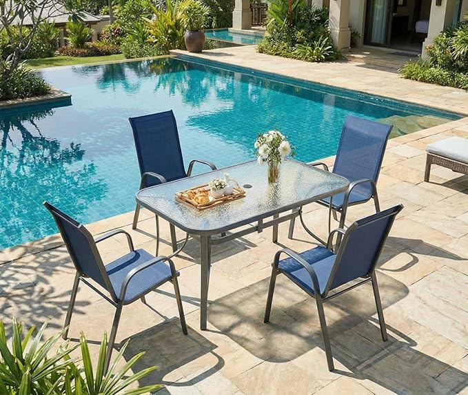 MAMIZO Patio Dining Chairs, Stackable All Weather Teslin Chair, Heavy Duty Outdoor Breathable Chairs Set, w/Armrests, Upgraded Chair FeetW/Strenthened Iron Spacers, 330 LBS (4, Navy Blue) - Image 9