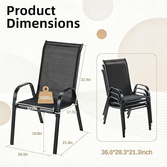 MAMIZO Patio Dining Chairs, Stackable All Weather Teslin Chair, Heavy Duty Outdoor Breathable Chairs Set, w/Armrests, Upgraded Chair FeetW/Strenthened Iron Spacers, 330 LBS (4, Black) - Image 2