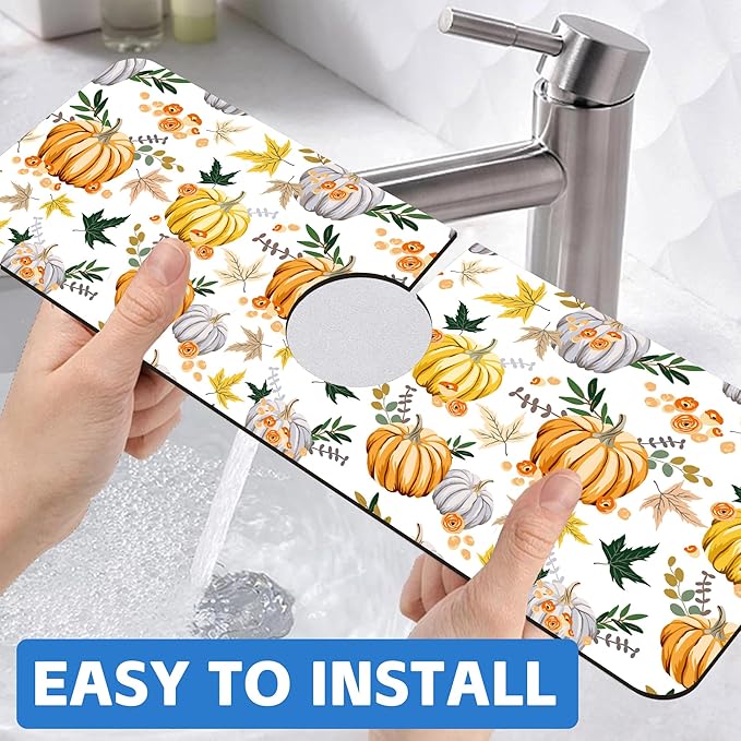 Thanksgiving Sink Faucet Absorbing Mat Pumpkin Floral Leaves Sink Splash Guard - Image 6