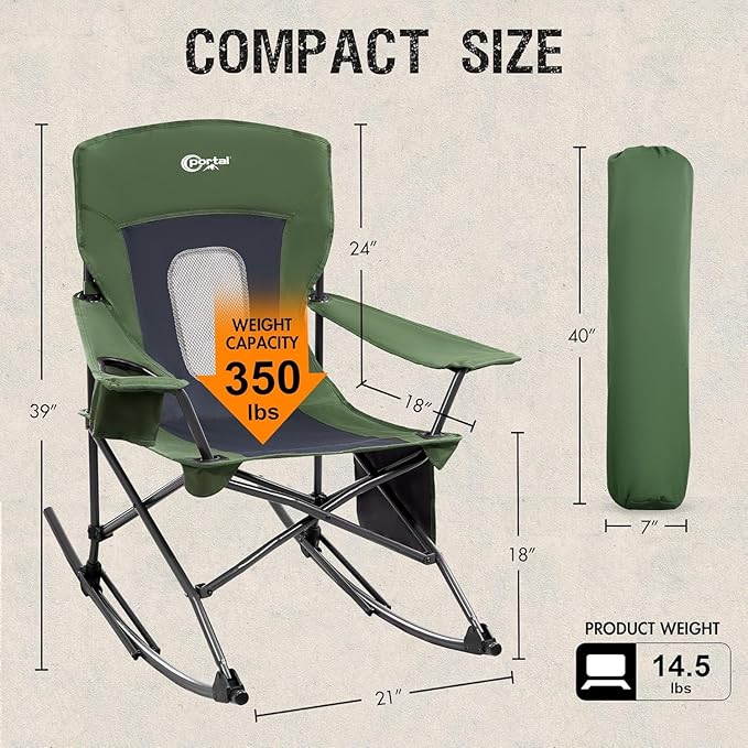 Portal Outdoor Rocking Chair Camping Folding Portable Rocker with Cup Holder Side Pocket Carry Bag, Support 350LBS (Mesh Green), 2 Pack - Image 3