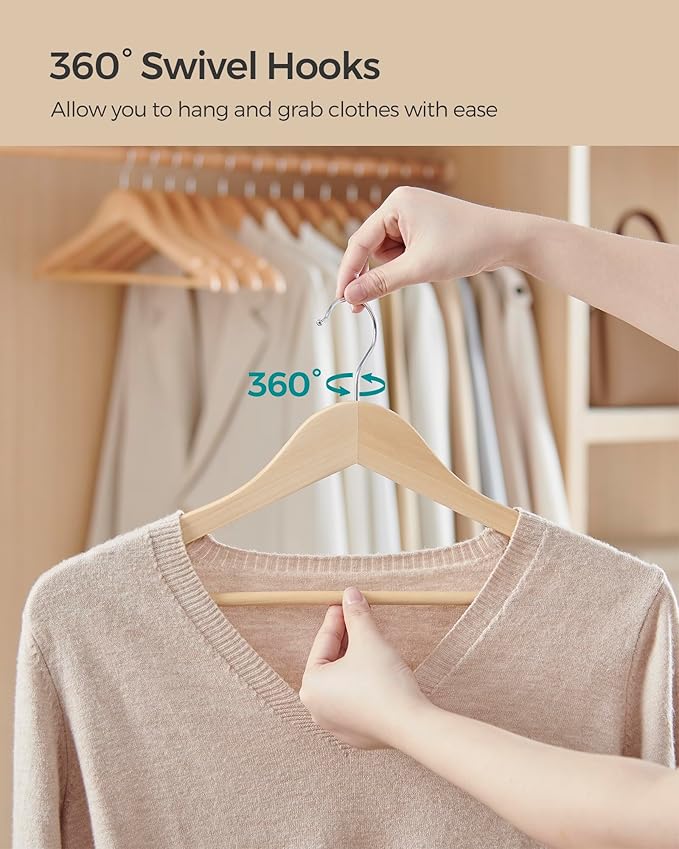 SONGMICS Wooden Hangers, Coat Hangers, Pants Bar, 360° Swivel Hooks, - Image 5