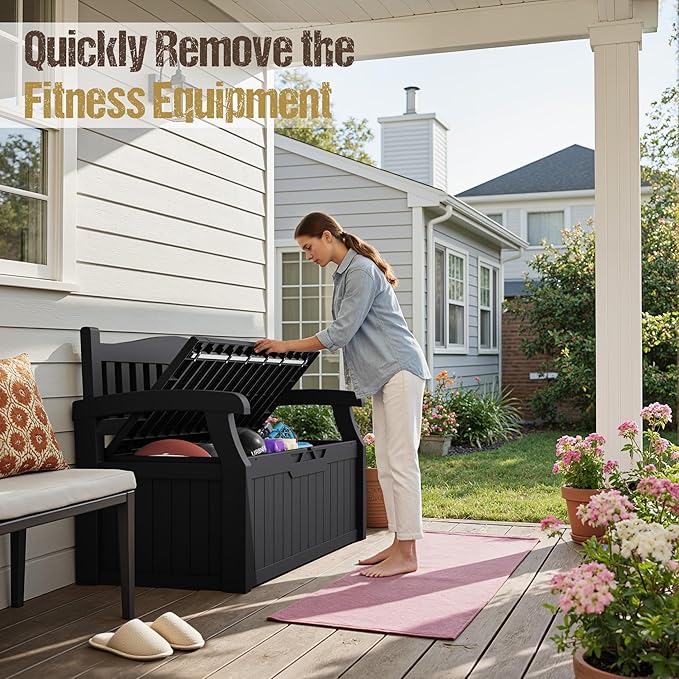 80-Gallon Outdoor Storage Bench, Waterproof Deck Box with Lockable Lid & Armrests for Patio, Garden, Pool, Black - Image 7