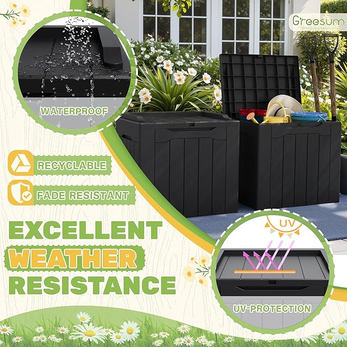 Greesum 31 Gallon Deck Box for Outside, All Weather Outdoor Storage Boxes for Patio Furniture Set, Package Delivery Box, Garden Tools, Black(Set of 2) - Image 5