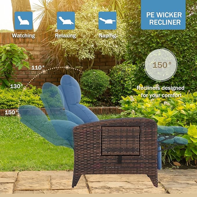 Upgraded Outdoor Recliner Chair, Reclining Patio Chairs with Adjustable Back up to 150°Lay Flat and Extended Footrest, Wicker Recliner Chairs with Flip Table and Removable Olefin Cushion - Image 4