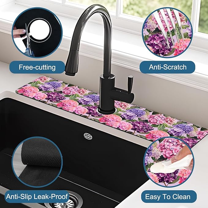 Colorful Hydrangea Kitchen Sink Splash Guard Faucet Mat Purple Pink Hydrangea - Image 4