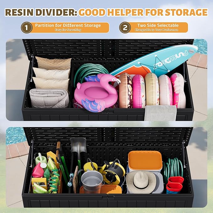 Flamaker Resin Deck Box 270 Gallon, Waterproof Imitation-Wood Lockable Storage Box with Separator Plate Outdoor Indoor, Garden, Patio Furniture for Tools&Pool Accessories (Black) - Image 5