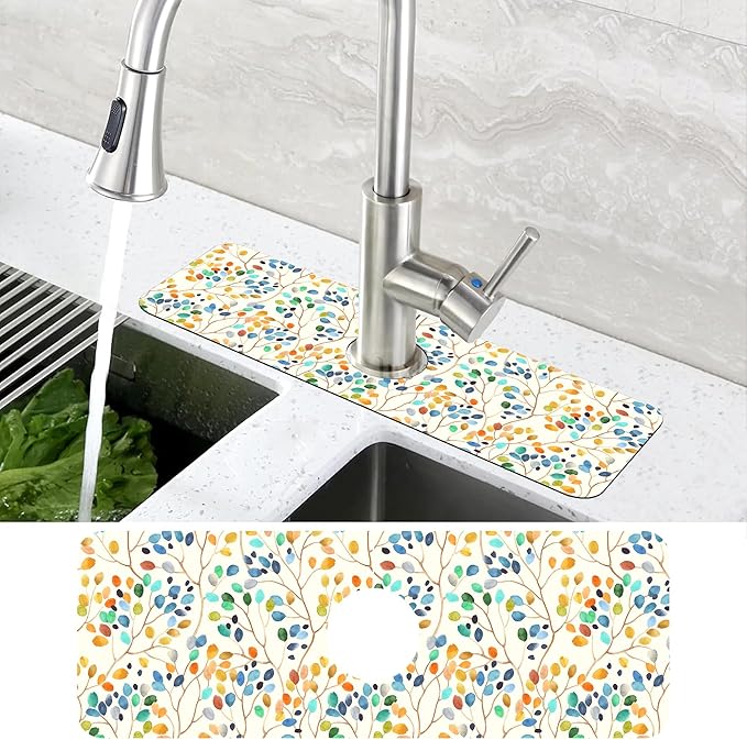 Abstract Watercolor Leaves Sink Faucet Absorbing Mat Sink Splash Guard Faucet - Image 4