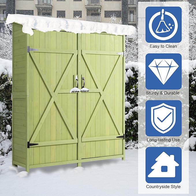 Outvita Outdoor Storage Cabinet with Waterproof Roof, Double Lockable Doors Garden Shed with 2 Removable Shelves, Wooden Storage Shed with Large Storage Space for Yard Garge Patio Deck Porch（Green） - Image 4