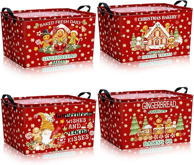4 Pack Christmas Storage Bin Collapsible Large Christmas Gingerbread Man by Bulyoou