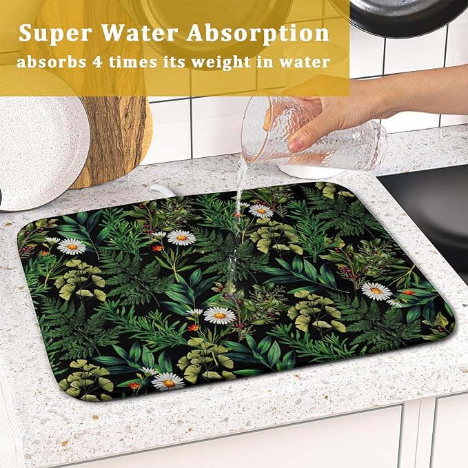 Green Botanical Dish Drying Mat 16x18 Inch Plant Leaf Fast Dry Dish Drainer - Image 7