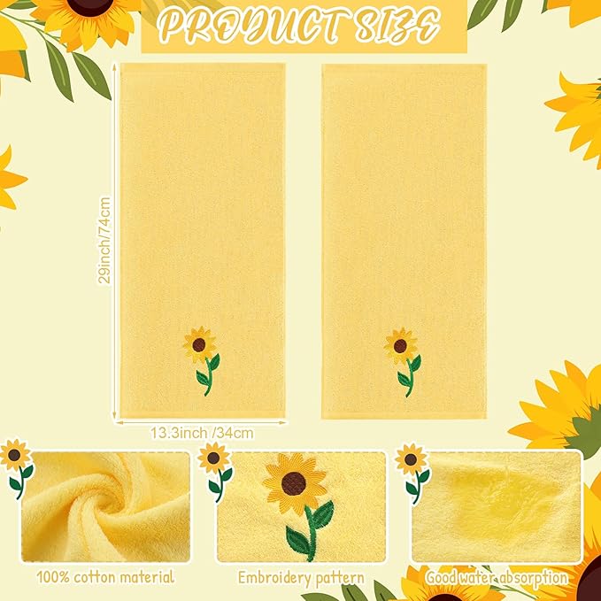 2 Pcs Sunflowers Hand Towels Bright Yellow Bathroom Decor 14x29 Inch - Image 2