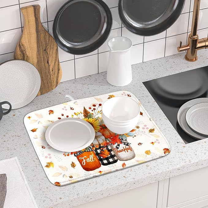 Autumn Pumpkin Dish Drying Mat 16x18 Inch Sunflower Flower Vase Washable - Image 6