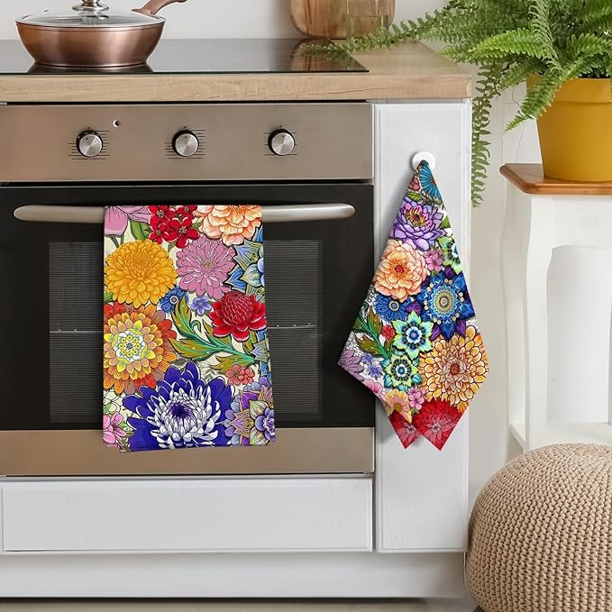 Boho Floral Kitchen Dish Towels Decorative Set of 4, Colorful Kitchen Stuff - Image 4