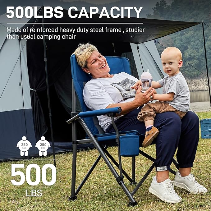 EVER ADVANCED Oversized Folding Camping Chair, for Adults Heavy Duty Lawn Chair with Side Pockets, Portable Collapsible Quad Chair for Outside, Support Up to 500lbs, Blue - Image 3