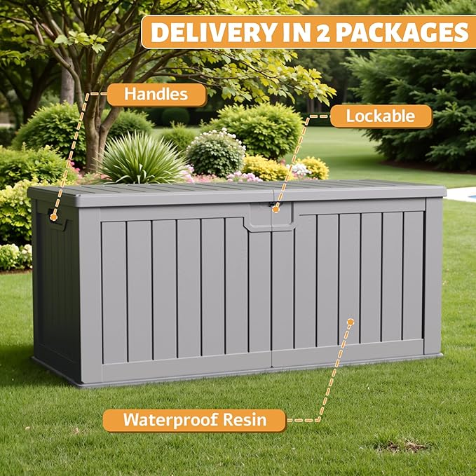 Flamaker Resin Deck Box 250 Gallon, Waterproof Imitation-Wood Lockable Storage Box with Separator Plate Outdoor Indoor, Garden, Patio Furniture for Tools&Pool Accessories (Gray) - Image 3