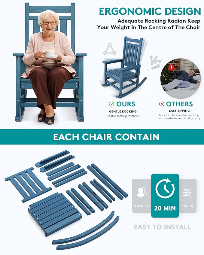 SERWALL Oversized Rocking Chair, Outdoor Rocking Chair for Adults, All Weather Resistant Porch Rocker for Lawn Garden, Blue - Image 5