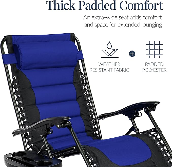 Best Choice Products Oversized Padded Zero Gravity Chair, Folding Outdoor Patio Recliner, XL Anti Gravity Lounger for Backyard w/Headrest, Cup Holder, Side Tray, Polyester Mesh - Blue - Image 6