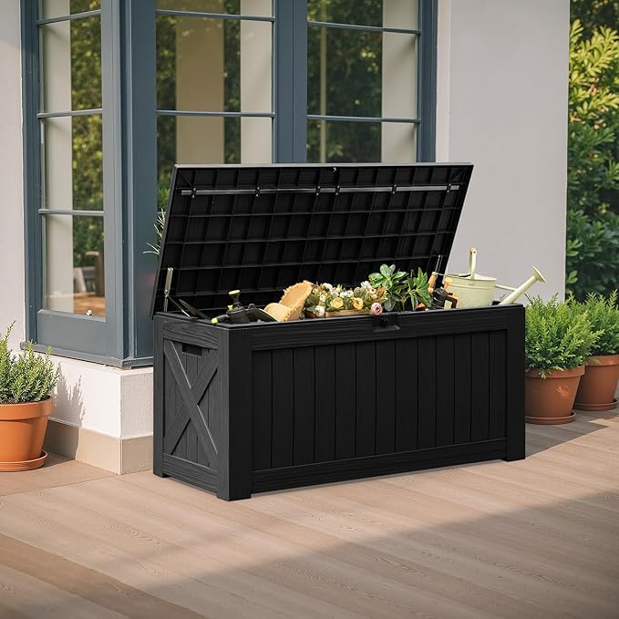 Flamaker Resin Deck Box 120 Gallon Waterproof Large Outdoor Indoor Storage Box Imitation Wood Resin for Patio Furniture Garden Tools and Pool (Black) - Image 7